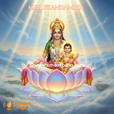 Maa Skandamata fifth form of Navadurga holding baby Lord Kartikeya