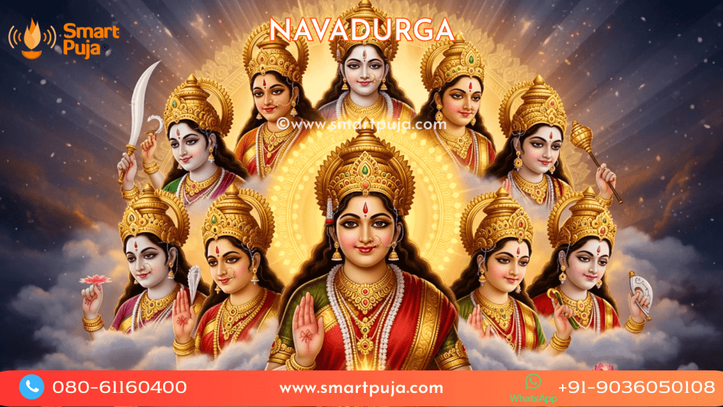 The nine divine forms of Goddess Durga (Navadurga) standing together in a celestial realm