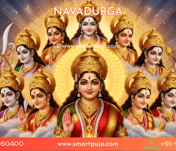 The nine divine forms of Goddess Durga (Navadurga) standing together in a celestial realm