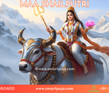 Maa Shailputri, the daughter of Himalayas, riding a bull with a trident.