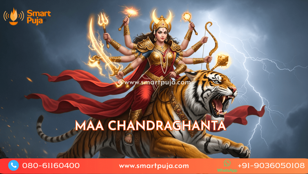 Maa Chandraghanta riding a tiger, holding weapons, with a half-moon on her forehead.