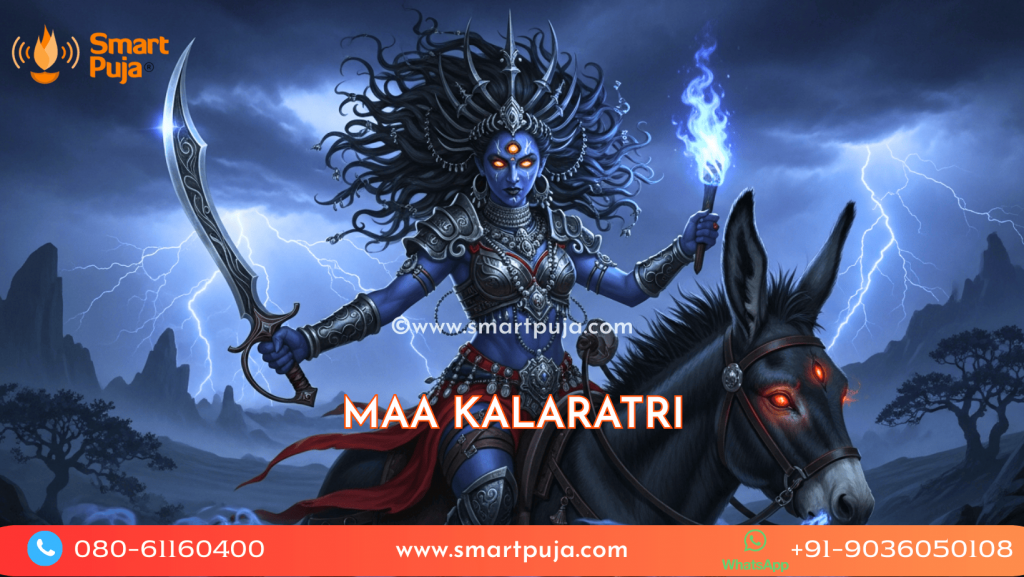 Maa Kalaratri, the fierce goddess riding a donkey, holding a cleaver and torch