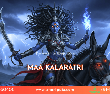 Maa Kalaratri, the fierce goddess riding a donkey, holding a cleaver and torch