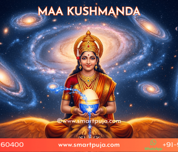 Maa Kushmanda seated on a lion, radiating solar energy.