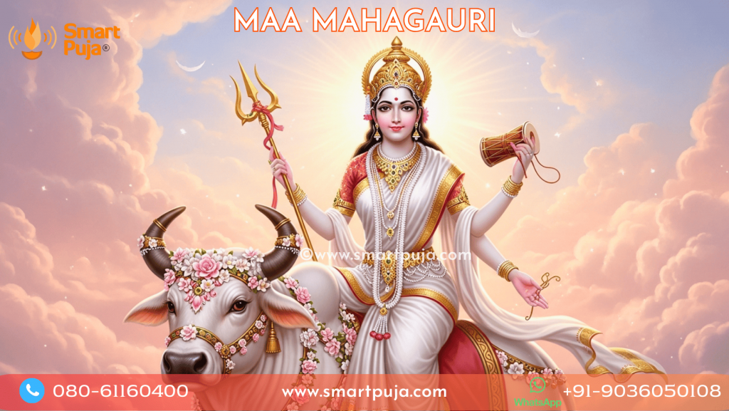 Maa Mahagauri, the radiant white goddess riding a bull, holding a trident and damaru.