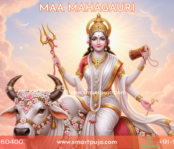 Maa Mahagauri, the radiant white goddess riding a bull, holding a trident and damaru.