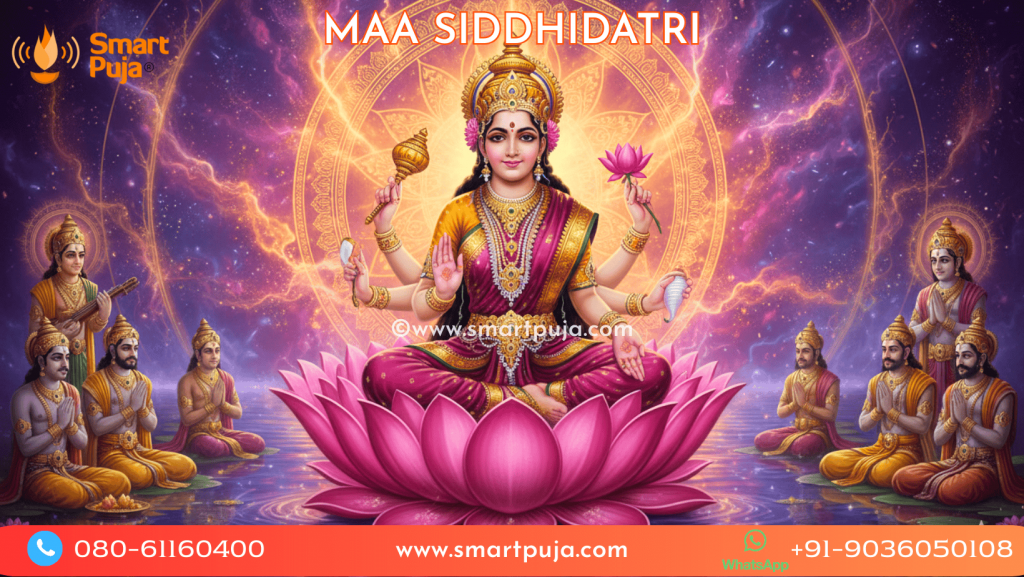 Maa Siddhidatri seated on a lotus giving blessings, the ninth form of Navadurga.