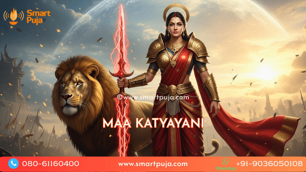 Maa Katyayani, the warrior goddess riding a lion, holding a sword and lotus.