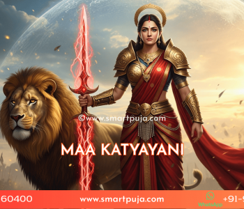 Maa Katyayani, the warrior goddess riding a lion, holding a sword and lotus.