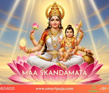 Maa Skandamata seated on a lotus holding infant Lord Kartikeya (Skanda)