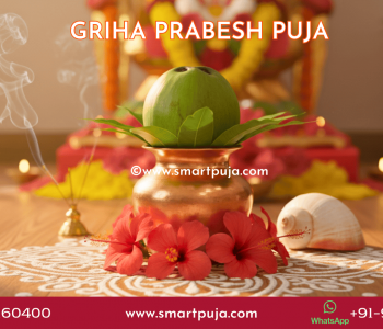 Traditional Bengali Griha Prabesh Puja setup with Ghat, Mango leaves, and Alpana.