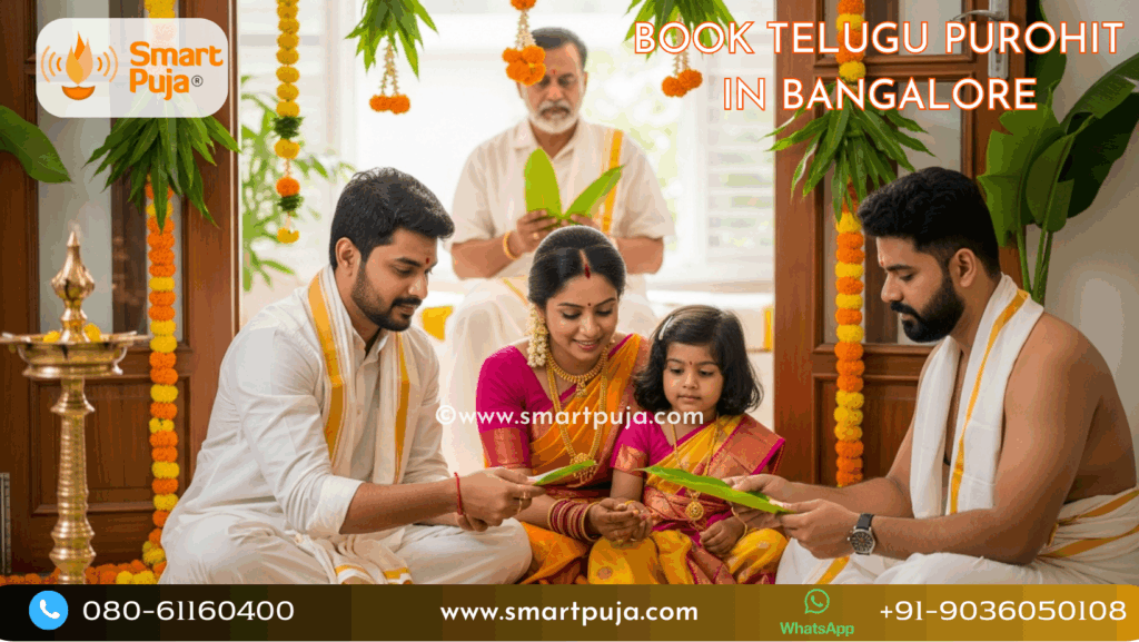Traditional Telugu Purohit performing Vedic rituals in Bangalore.