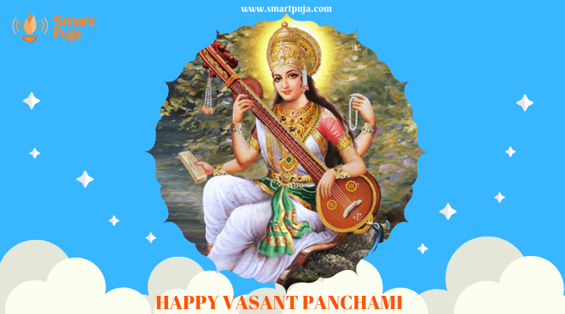 Vasant Panchami celebration with people worshipping goddess Saraswati. @smartpuja.com