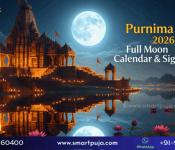 Full moon night over a Hindu temple and river with diyas and lotus flowers – symbolizing Purnima Dates 2026 and Full Moon Significance in Hindu calendar – SmartPuja