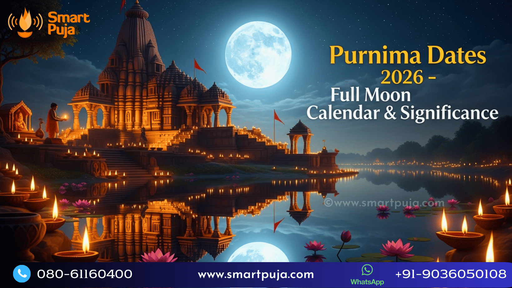 Full moon night over a Hindu temple and river with diyas and lotus flowers – symbolizing Purnima Dates 2026 and Full Moon Significance in Hindu calendar – SmartPuja