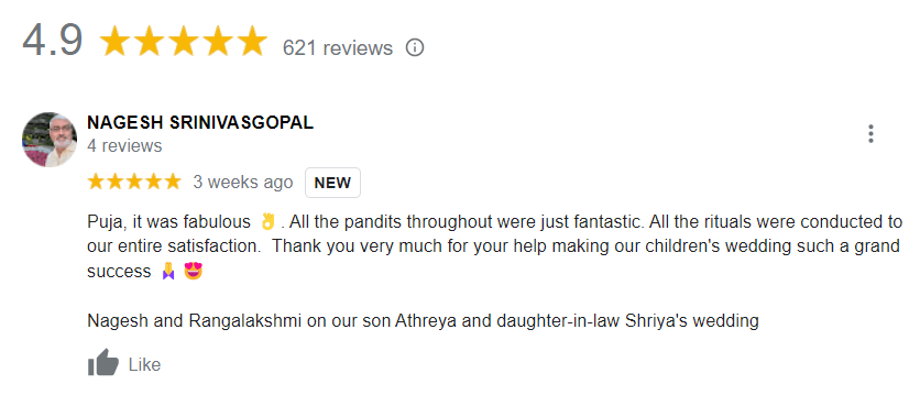 Puja, it was fabulous 👌. All the pandits throughout were just fantastic. All the rituals were conducted to our entire satisfaction. Thank you very much for your help making our children's wedding such a grand success 🙏😍 Nagesh and Rangalakshmi on our son Athreya and daughter-in-law Shriya's wedding