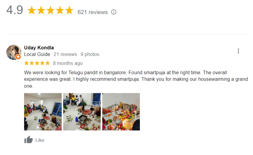 We were looking for Telugu pandit in bangalore. Found smartpuja at the right time. The overall experience was great. I highly recommend smartpuja. Thank you for making our housewarming a grand one.
