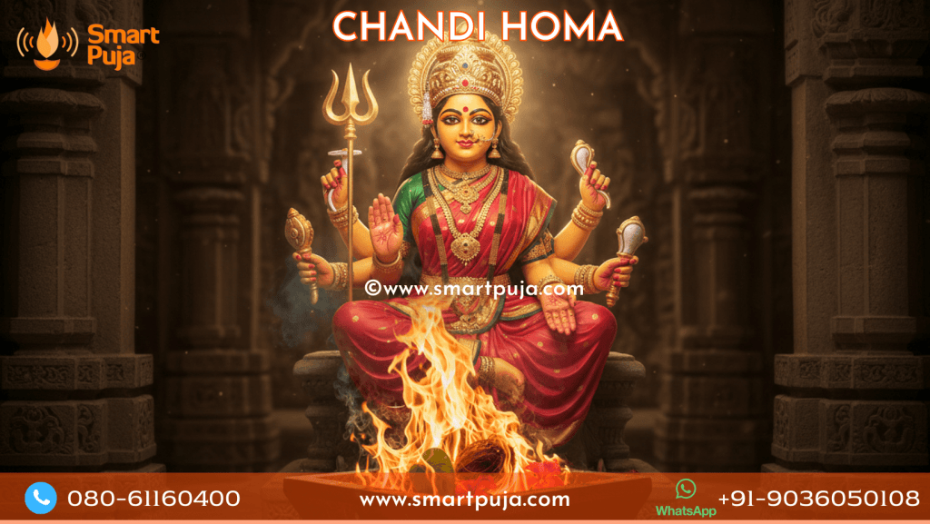 Artistic representation of Goddess Chandi or Durga behind the sacred Homa fire.