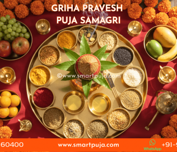 Complete Griha Pravesh Puja Samagri setup featuring a Kalash, Havan Kund, Navadhanya, sweets, and fruits on a traditional mat.