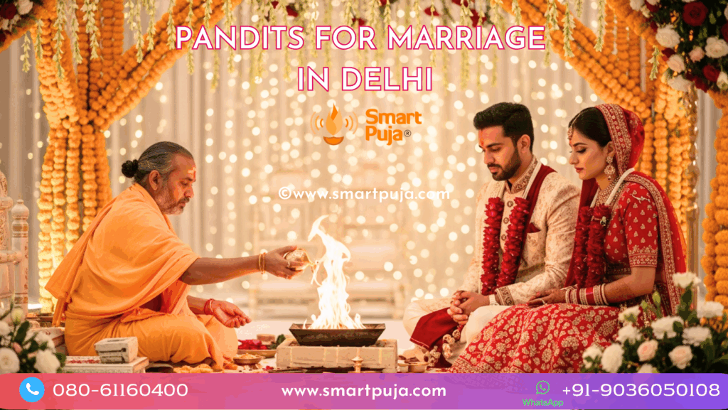 Vedic Pandit performing traditional marriage rituals (Saat Phere) for a couple in Delhi.