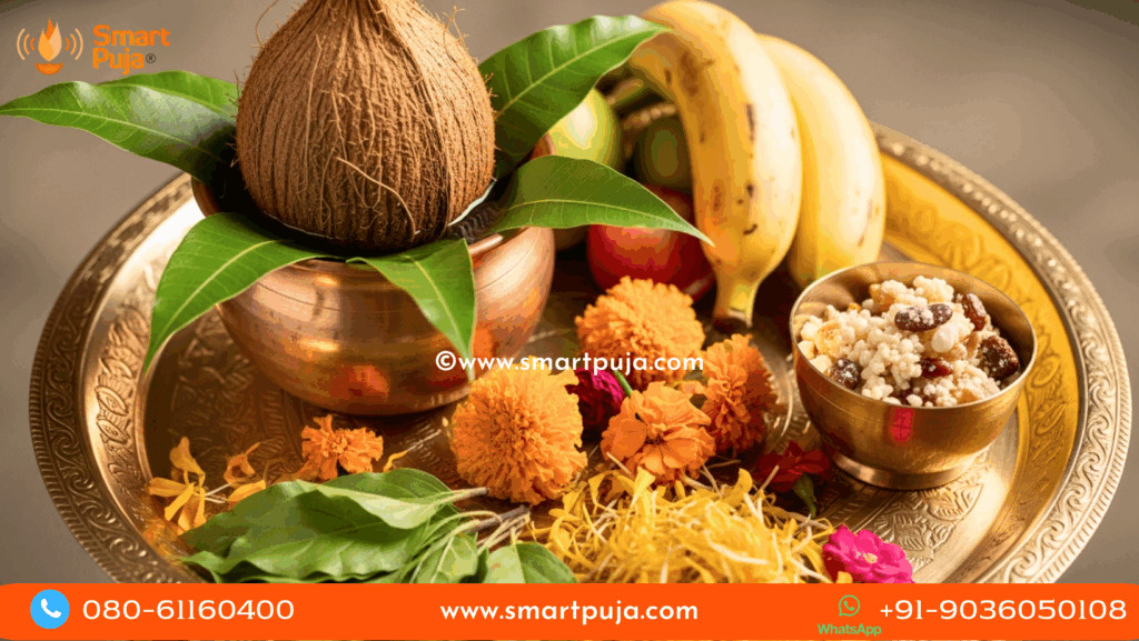 Traditional Puja Thali with fruits and Prasad for Satyanarayan Vrat fasting.