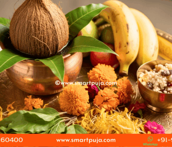 Traditional Puja Thali with fruits and Prasad for Satyanarayan Vrat fasting.
