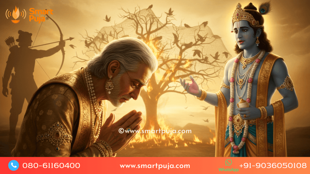 Lord Krishna explaining the Laws of Karma and past life sins to blind King Dhritarashtra after the Mahabharata war.
