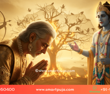 Lord Krishna explaining the Laws of Karma and past life sins to blind King Dhritarashtra after the Mahabharata war.