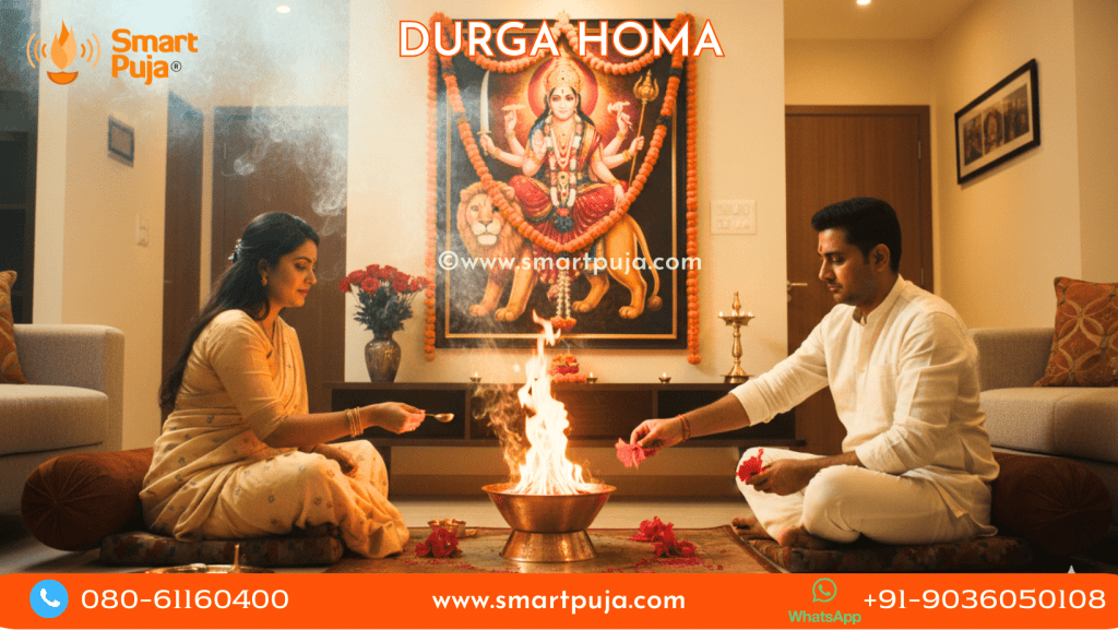 Vedic Pandits performing Durga Homa with offerings into the sacred fire to remove negativity.