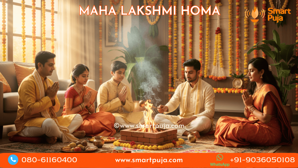 A happy Indian family sitting together for Maha Lakshmi Homa at home with a Vedic Pandit.