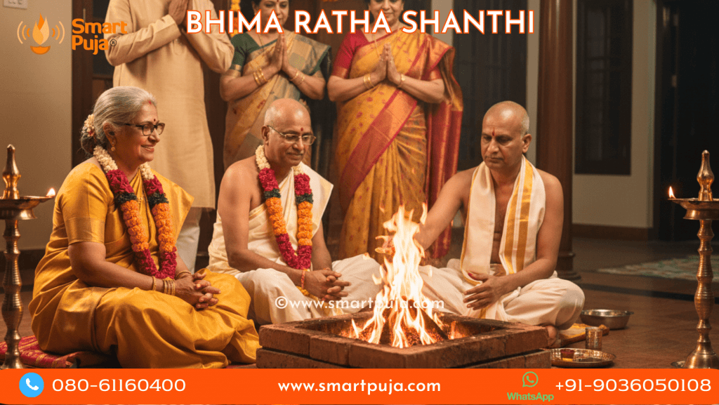 An elderly couple performing Bhima Ratha Shanthi rituals with a Pandit.