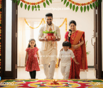 Happy Indian family performing Griha Pravesh Puja rituals with Kalash and Havan in their new home.