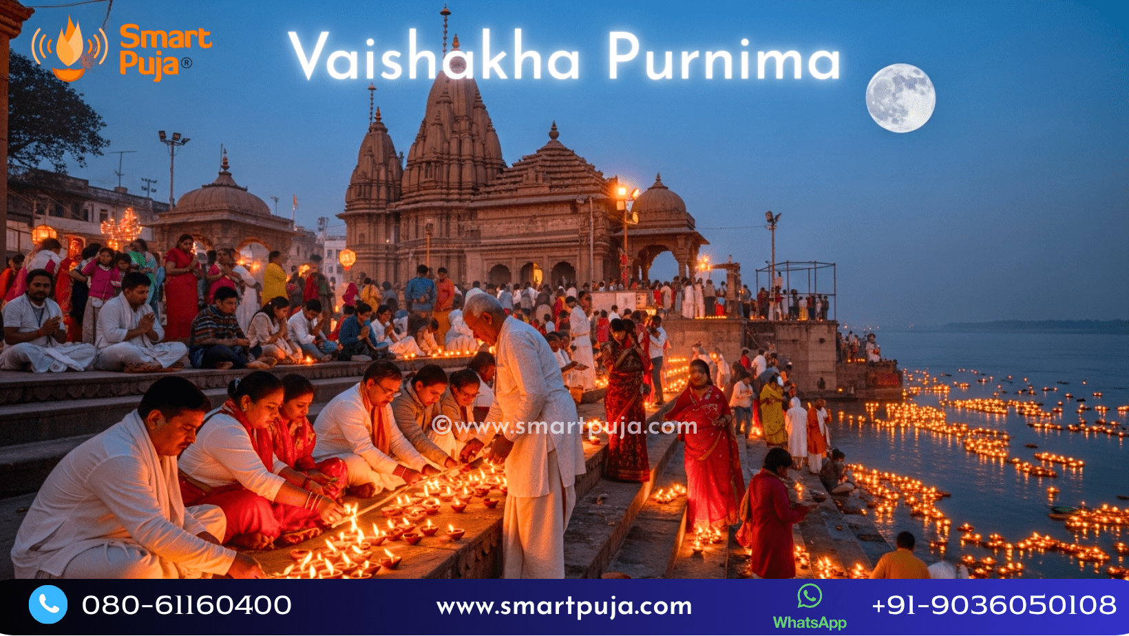 Devotees offering prayers and lighting lamps on Buddha Purnima (Vaishakha Purnima) 2026 at a temple by the river Ganga