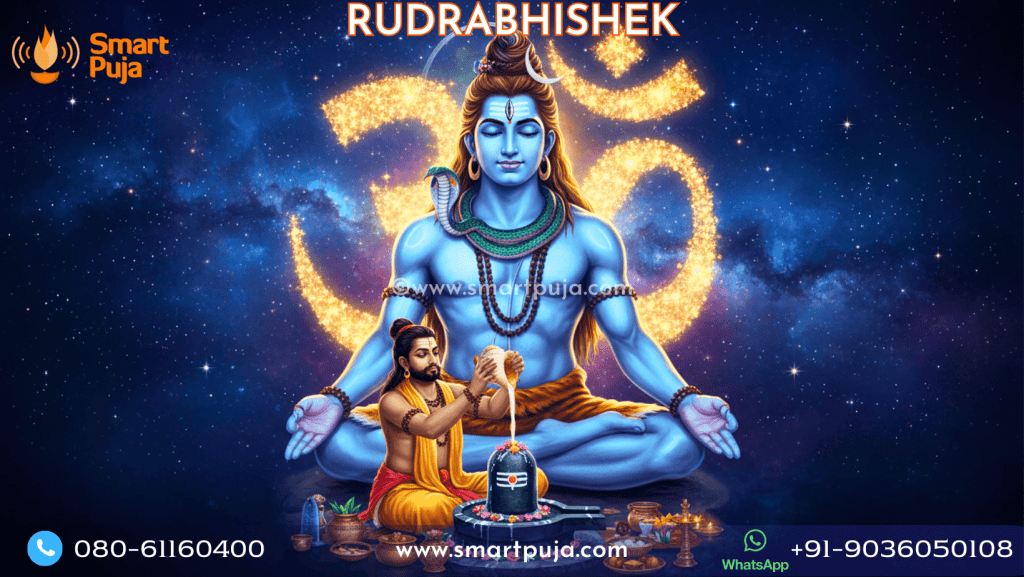 Artistic illustration of Lord Shiva and Vedic Pandit performing Rudrabhishek Puja at home