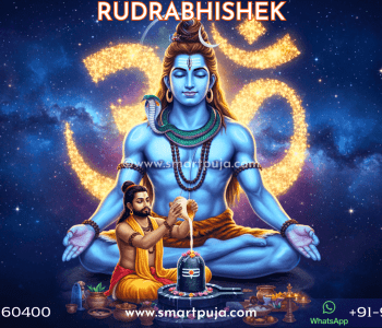 Artistic illustration of Lord Shiva and Vedic Pandit performing Rudrabhishek Puja at home