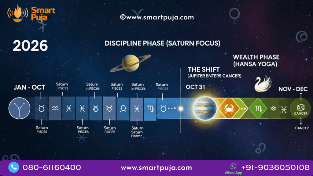 Timeline of major planetary transits in 2026 including Saturn in Pisces and Jupiter entering Cancer.