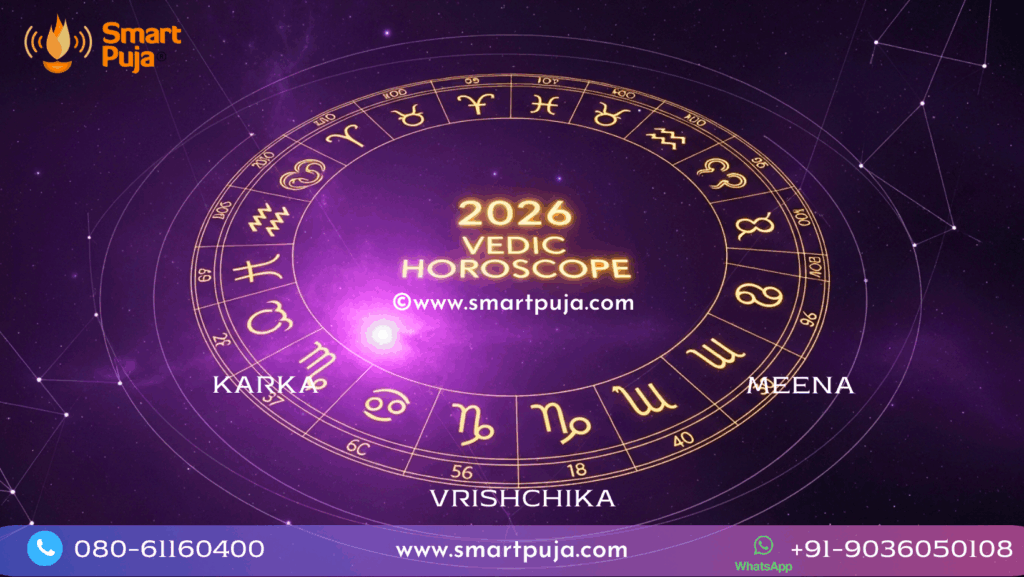 2026 Rashi Bhavishyafal Vedic Dashboard showing 12 Zodiac signs with Gold and Purple cosmic background.