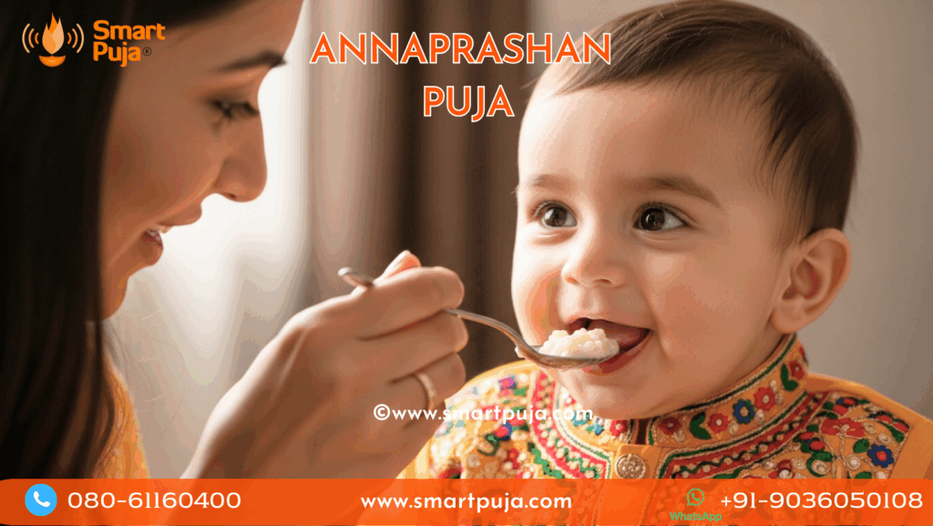 Baby eating first rice (kheer) during Annaprashan Sanskar ceremony.
