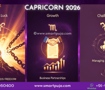 Capricorn Horoscope 2026 Vedic Dashboard showing Sade Sati Freedom, Business Growth, and Wealth Management zones.