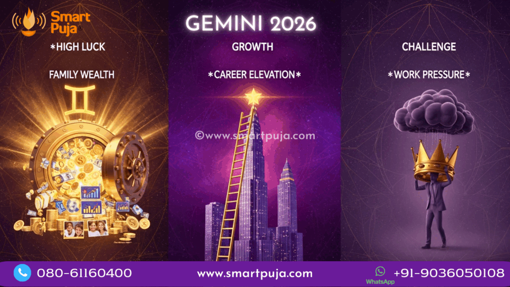 Gemini Horoscope 2026 Vedic Dashboard showing Career Growth, Family Wealth Luck, and Work Pressure zones.