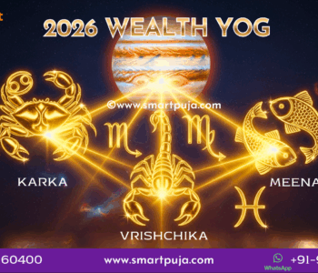 Golden pot overflowing with coins under a glowing purple Jupiter symbol against a starry sky, representing the wealth and Hansa Yoga effects of Jupiter Transit 2026.