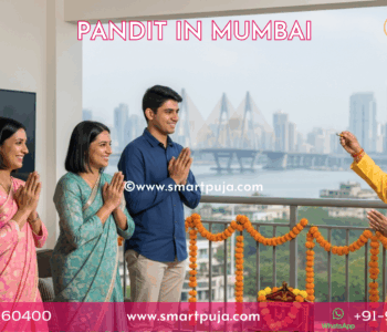 Verified Vedic Pandit in Mumbai performing Griha Pravesh Puja with skyline view.