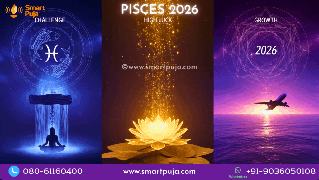Pisces Horoscope 2026 Vedic Dashboard showing Sade Sati Pressure, Divine Luck, and Foreign Connection zones.