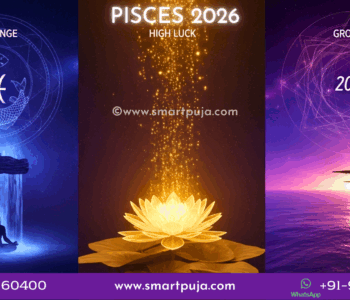 Pisces Horoscope 2026 Vedic Dashboard showing Sade Sati Pressure, Divine Luck, and Foreign Connection zones.