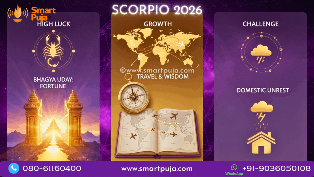 Scorpio Horoscope 2026 Vedic Dashboard showing Fortune Luck, Education Growth, and Domestic Challenge zones.