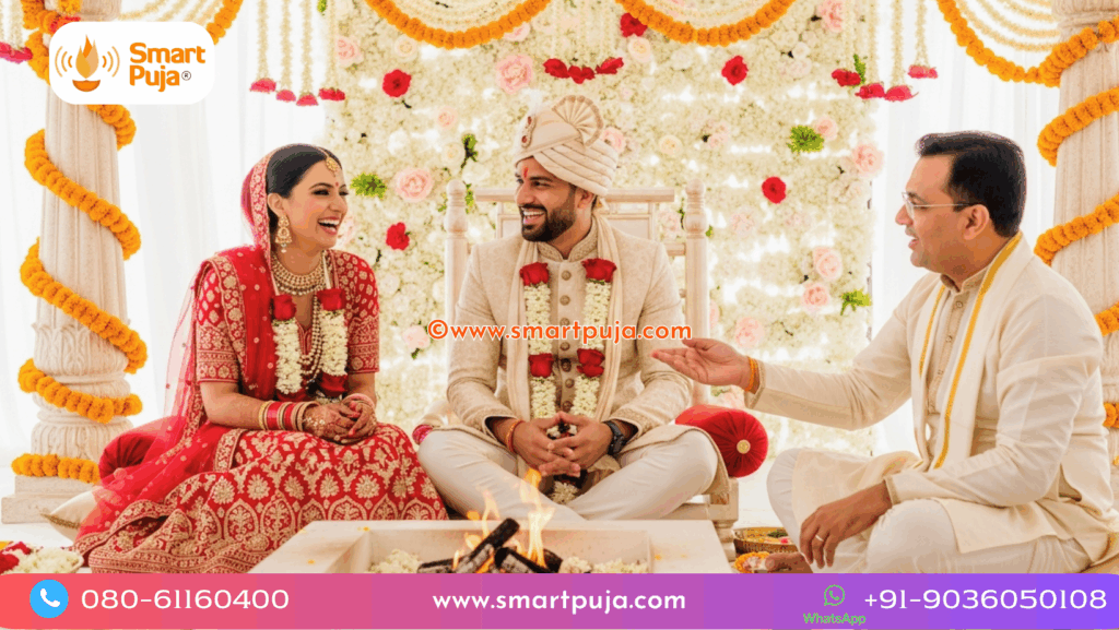 Couple performing Vedic Marriage Puja rituals with a verified Pandit.