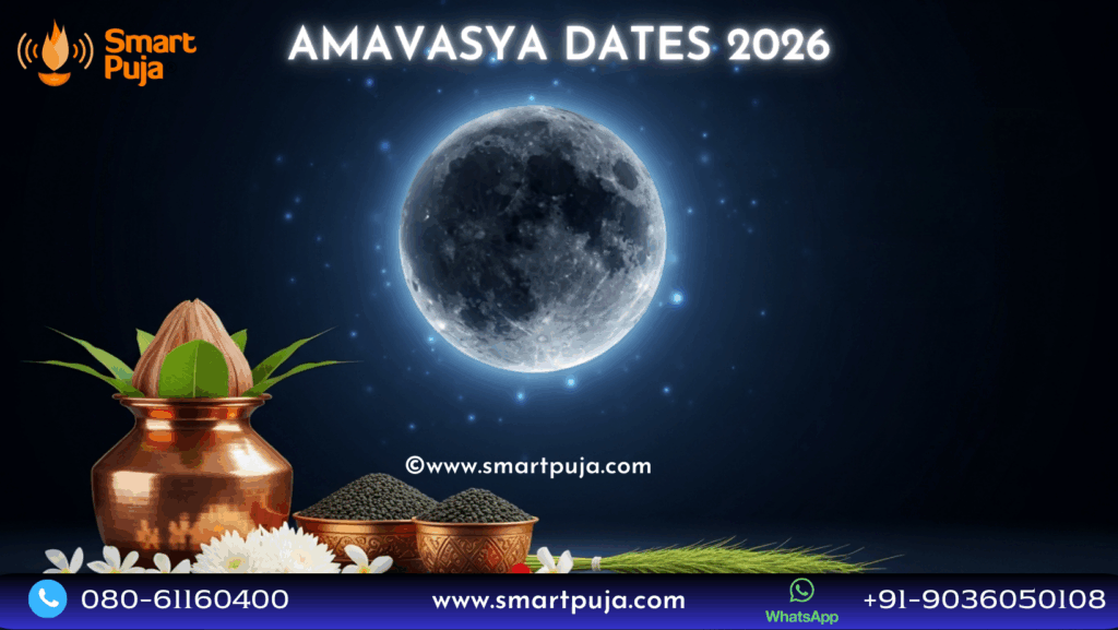 Amavasya 2026 Calendar showing New Moon phases and Pitri Tarpan ritual items.