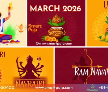 March 2026 Hindu Calendar showing colorful Gulal for Holi and a decorative Kalash for Chaitra Navratri.