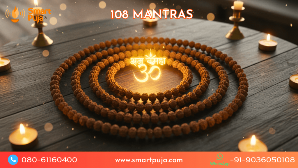 A golden Om symbol surrounded by 108 glowing beads representing the Vedic Mantras.