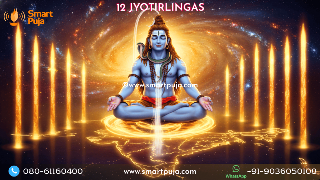 The 12 Jyotirlingas of Lord Shiva glowing on a map of India with cosmic energy.
